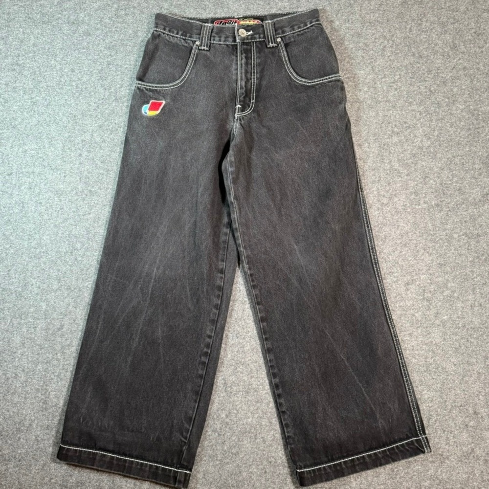 Y2K VTG JNCO Pipes Originals Mens Black Wide Leg Denim Jeans 30W 30L Embroidered